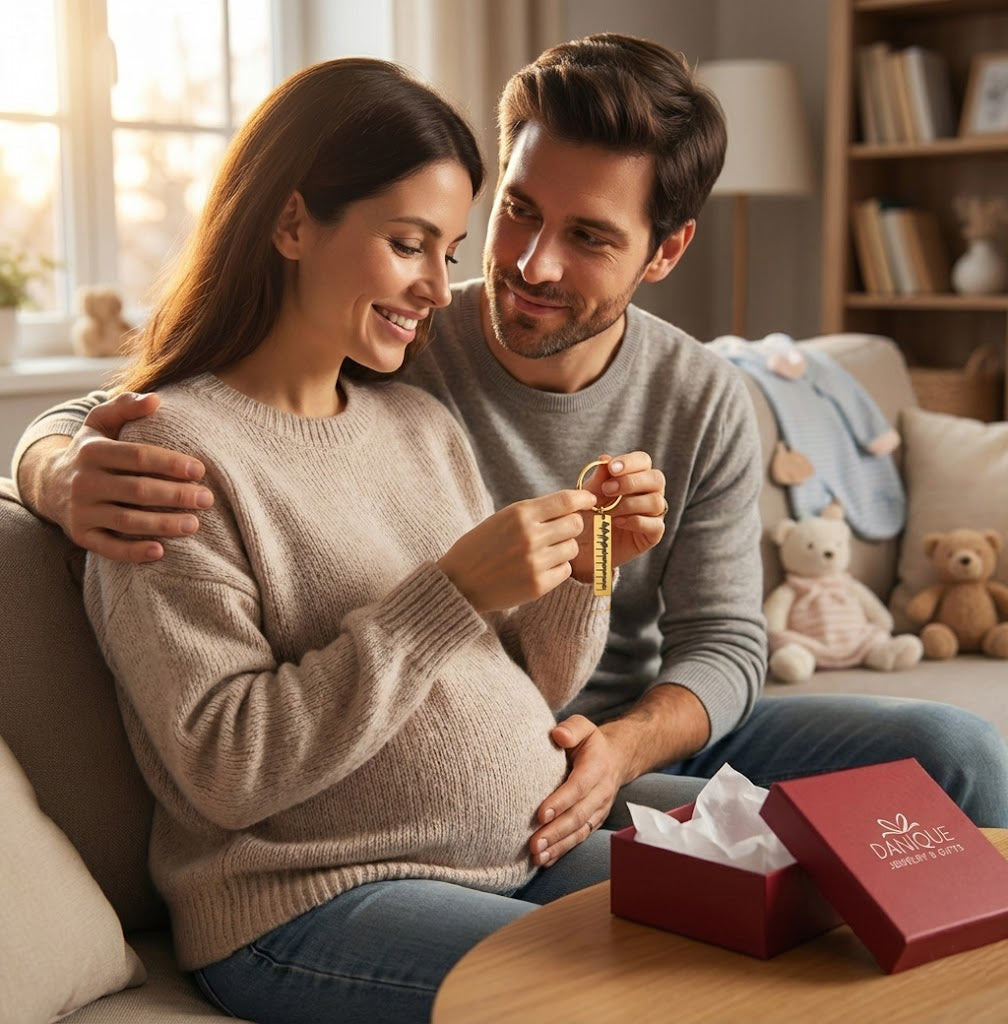 Expecting couple opening custom heartbeat keychain together, reacting emotionally to baby heartbeat keepsake. Meaningful pregnancy gift for parents-to-be and sentimental ultrasound jewelry.