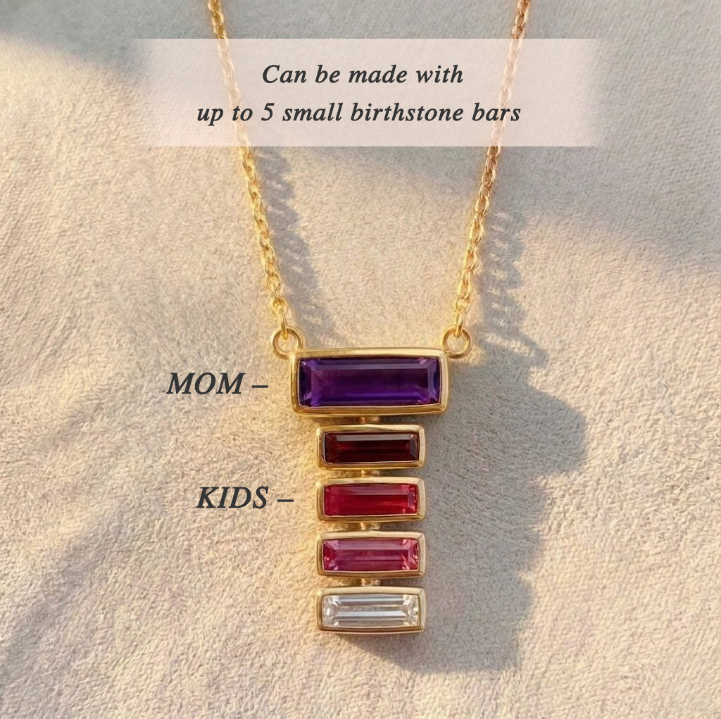 Personalized birthstone necklace design showing one stone for mom and additional stacked stones for up to kids or grandchildren.