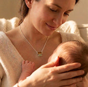 Custom stacked birthstone necklace displayed in a Danique Jewelry gift box, ready for Mother’s Day, birthday, or new mom gifting.