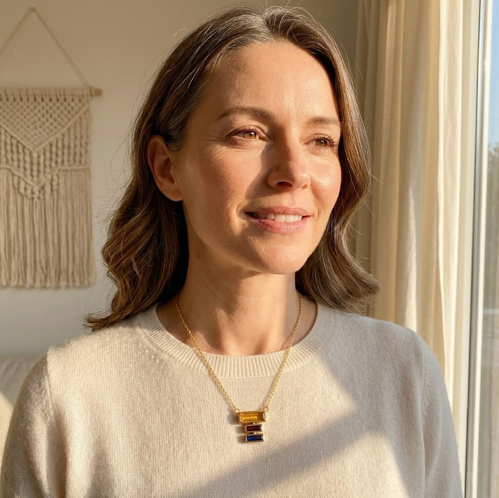 Custom mom birthstone necklace with horizontal baguette stones, available with multiple gemstones to represent children or grandchildren.