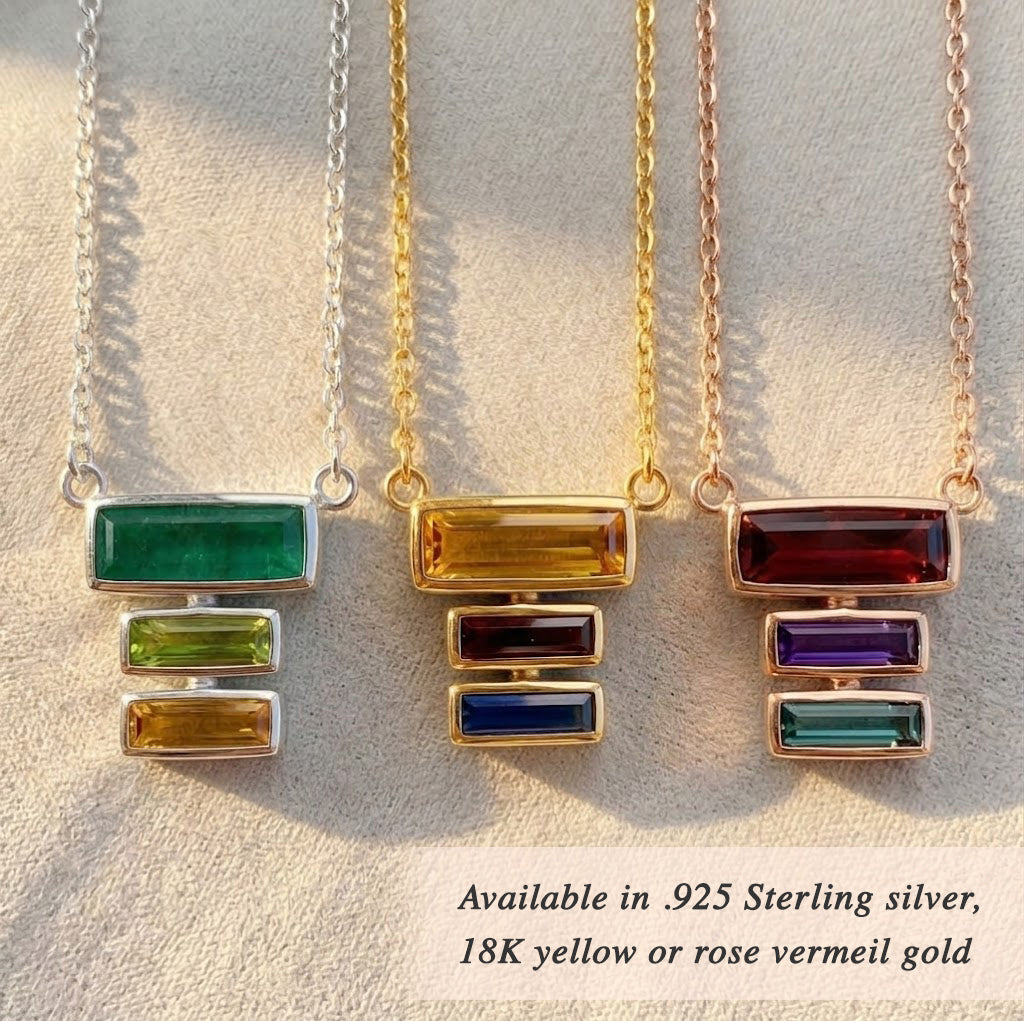 Gold custom family birthstone necklace for mom with stacked rectangular gemstones, designed as a meaningful Mother’s Day keepsake in sterling silver or rose gold