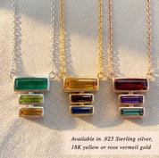 Gold custom family birthstone necklace for mom with stacked rectangular gemstones, designed as a meaningful Mother’s Day keepsake in sterling silver or rose gold
