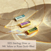 Personalized gemstone bar necklaces in sterling silver, gold filled, and rose gold filled, each featuring a bezel-set birthstone and custom engraved name on the bar pendant. Perfect meaningful jewelry gift for mom, daughters, bridesmaids, and birthdays. This dainty moonstone and birthstone necklace highlights minimalist design, elegant craftsmanship, and handcrafted quality in the Adira jewelry collection. All birthstones and custom engraving available.