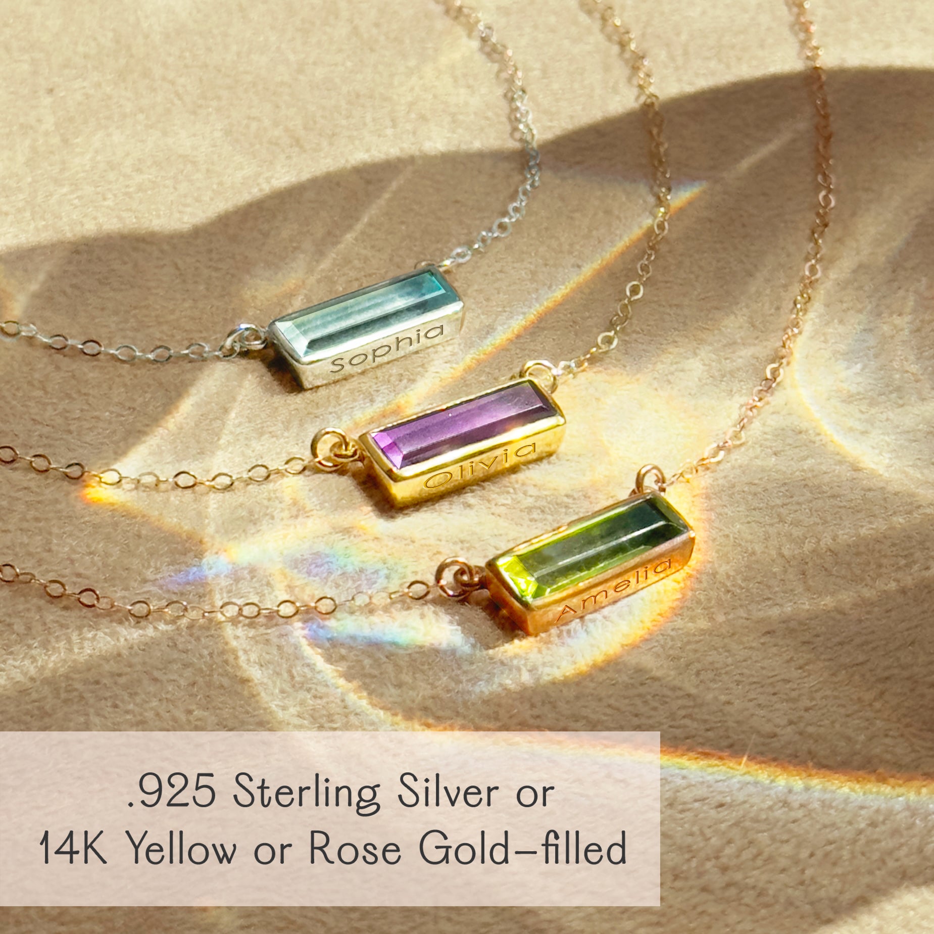 Personalized gemstone bar necklaces in sterling silver, gold filled, and rose gold filled, each featuring a bezel-set birthstone and custom engraved name on the bar pendant. Perfect meaningful jewelry gift for mom, daughters, bridesmaids, and birthdays. This dainty moonstone and birthstone necklace highlights minimalist design, elegant craftsmanship, and handcrafted quality in the Adira jewelry collection. All birthstones and custom engraving available.