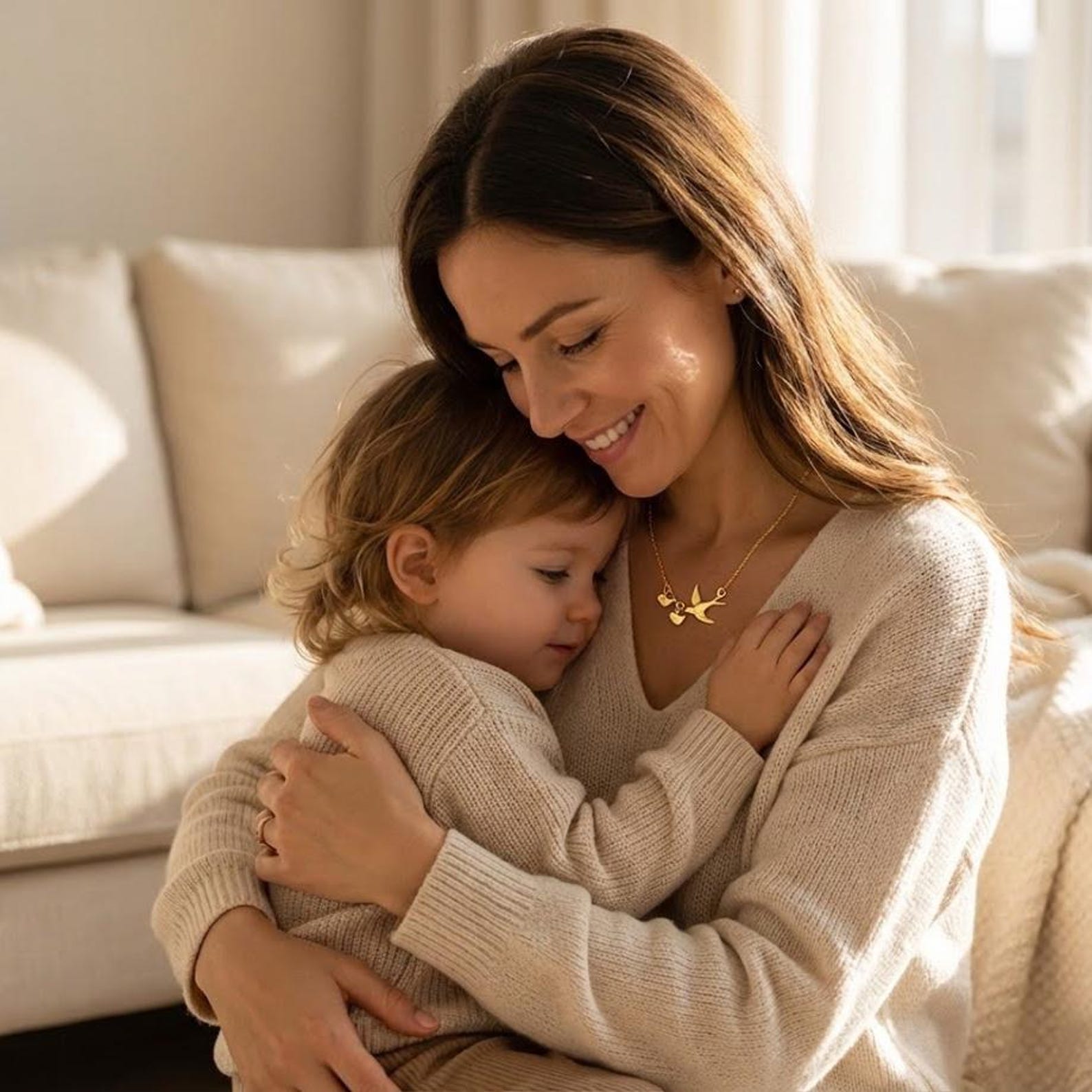 Mother hugging her young child while wearing a gold mama bird necklace with tiny baby bird charms. Meaningful personalized family jewelry symbolizing motherhood, love, and children.