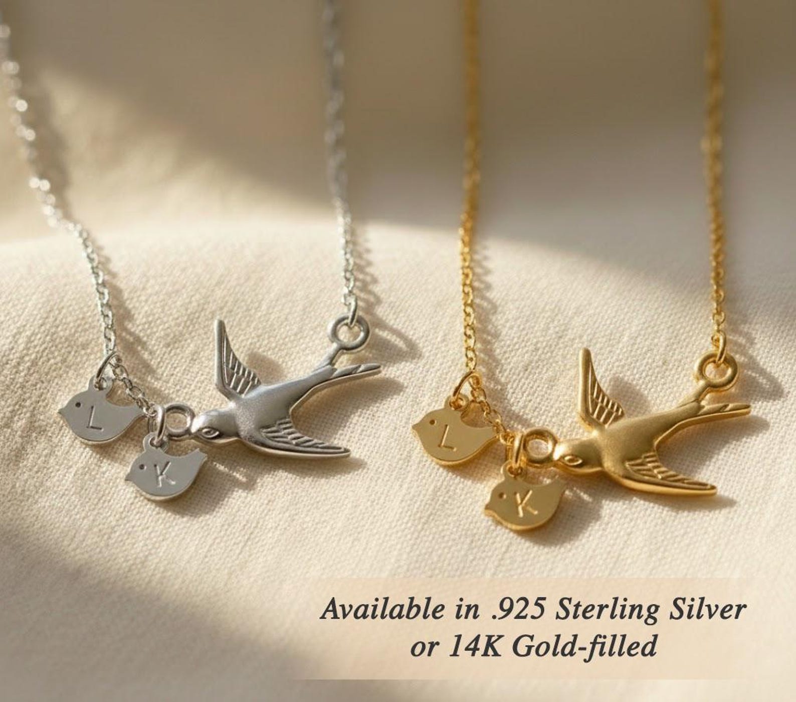 Mama bird necklace shown in sterling silver and 14K gold-filled versions with tiny baby bird charms engraved with initials. Personalized family necklace symbolizing children, motherhood, and love.