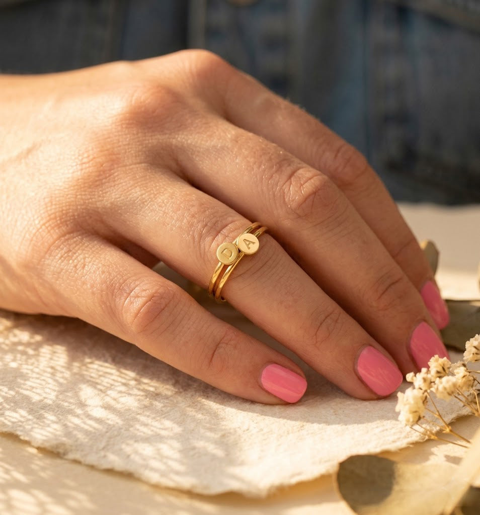 Personalized letter ring dainty gold stacking ring for everyday wear