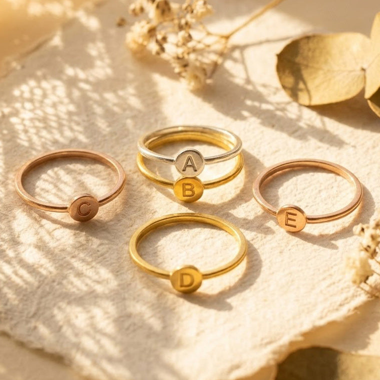 Custom initial engraved ring in gold stacking ring with letter charm