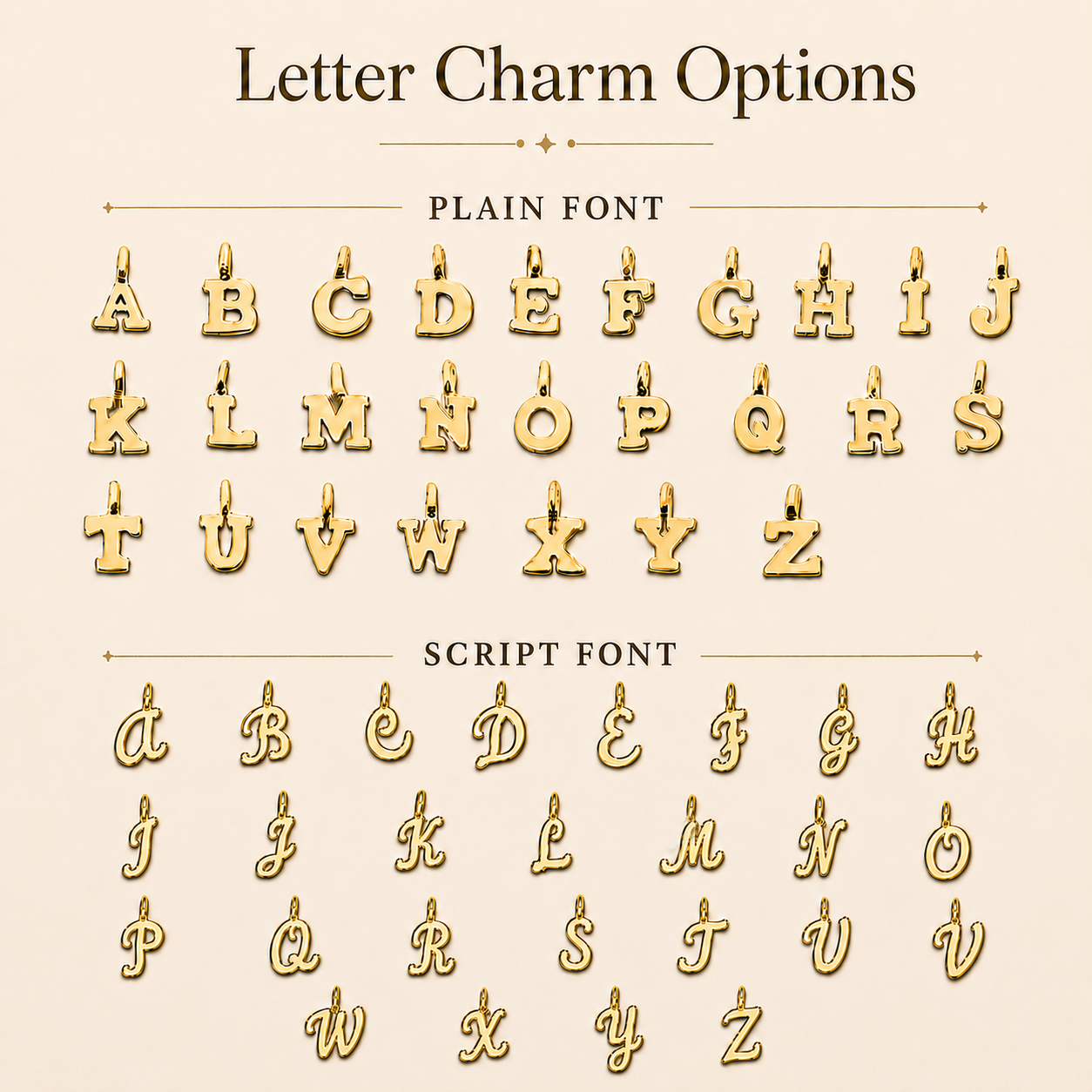 Letter charm options chart for custom initial bangle bracelet, showing plain and script font charms for personalized jewelry.