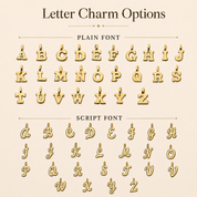 Letter charm options chart for custom initial bangle bracelet, showing plain and script font charms for personalized jewelry.