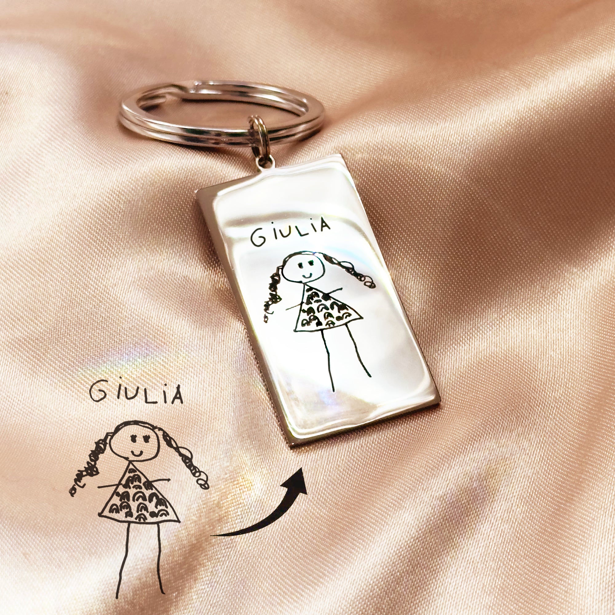 Custom Engraved Rectangle Keychain, Personalized Drawing & Handwriting Gift Valentines