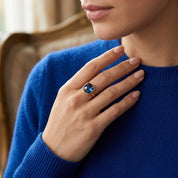 Kyanite rings in sterling silver, yellow gold, and rose gold bezel settings