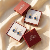 Blue kyanite earrings in Danique gift boxes, ready to gift gemstone jewelry for birthdays, bridesmaids, and holidays