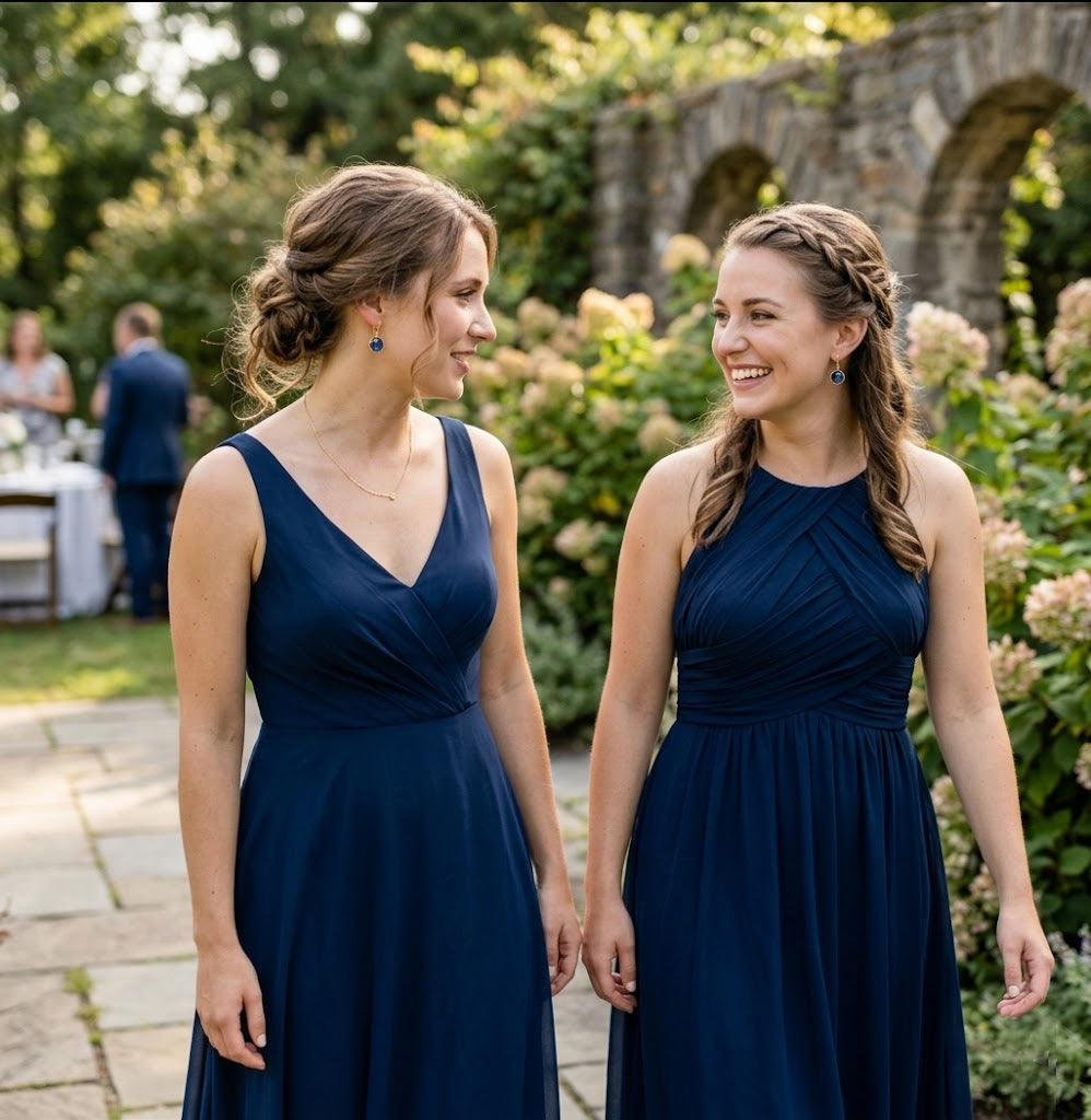 Bridesmaids wearing matching blue kyanite earrings, September birthstone wedding jewelry and bridesmaid gift idea