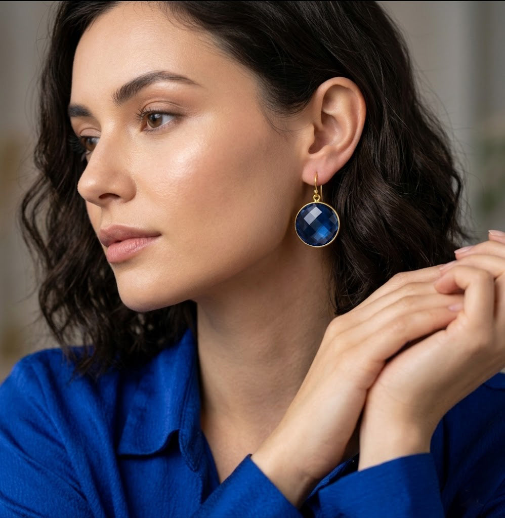 Blue kyanite earrings on model, gold teardrop gemstone drop earrings, elegant September birthstone jewelry