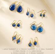 Blue kyanite earring size chart with teardrop, round, oval, and geometric gemstone styles in gold and silver