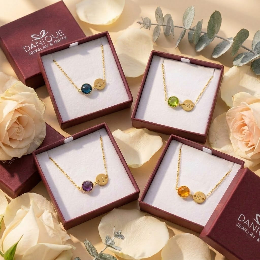 Danique Jewelry gift boxes with personalized birthstone jewelry packaged and ready for gifting