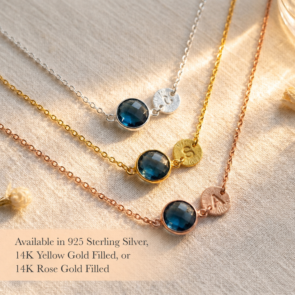 Blue kyanite September birthstone necklace shown in silver, yellow gold, and rose gold metal finishes