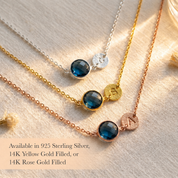 Blue kyanite September birthstone necklace shown in silver, yellow gold, and rose gold metal finishes