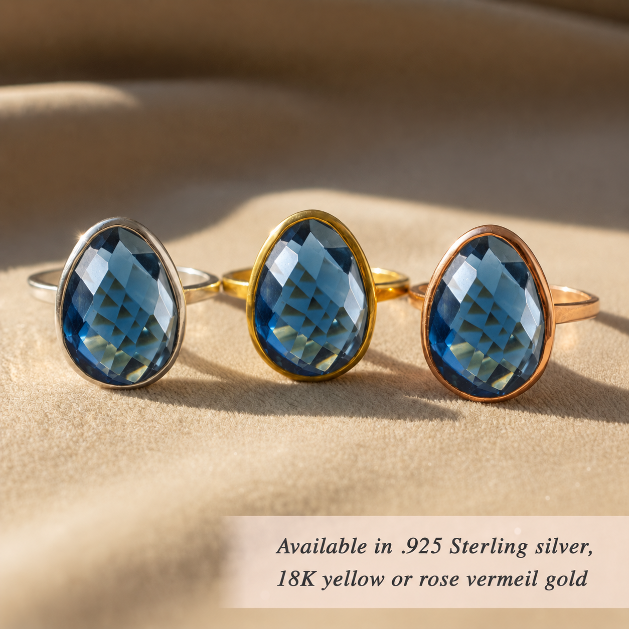 Large teardrop Kyanite rings shown in sterling silver, yellow gold and rose gold vermei gold