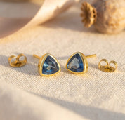Blue sapphire style kyanite earrings gold bezel set gemstone studs