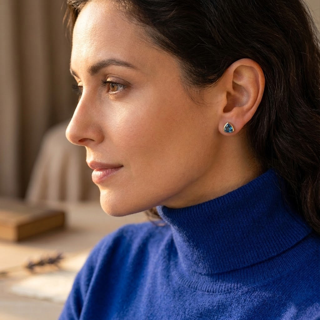 Blue kyanite triangle stud earrings gold minimalist gemstone jewelry