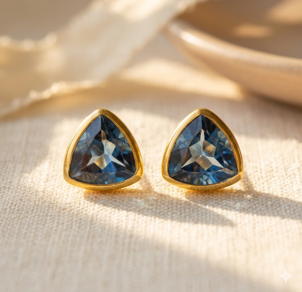 Kyanite stud earrings in gold bezel setting blue sapphire style September birthstone studs
