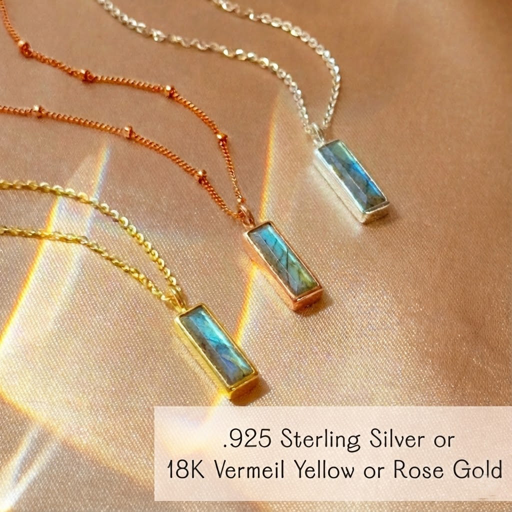 Labradorite birthstone bar necklace with personalized engraving, meaningful gift necklace in gold