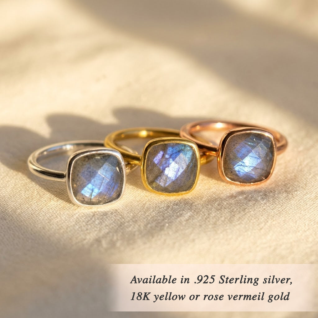 Stackable gemstone rings with labradorite centerpiece in cushion bezel setting
