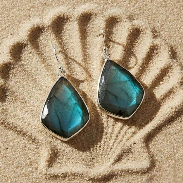 Labradorite teardrop earrings with blue flash gemstone in sterling silver