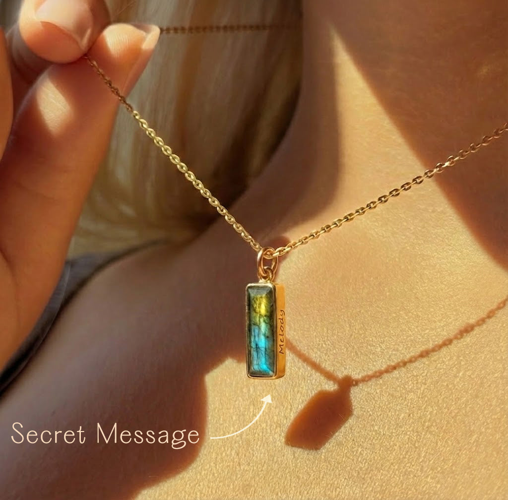 Labradorite bar necklace with custom engraving in gold, personalized vertical gemstone necklace for women