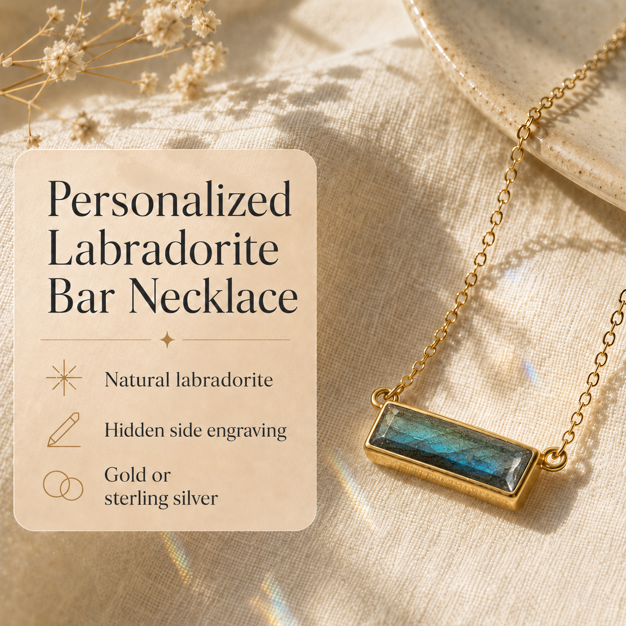 Personalized labradorite bar necklace with natural gemstone and hidden message engraving options