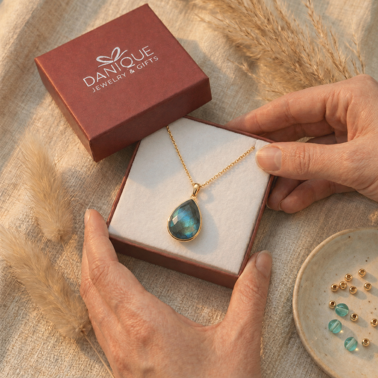 Teardrop labradorite pendant necklace presented in a burgundy Danique Jewelry gift box.