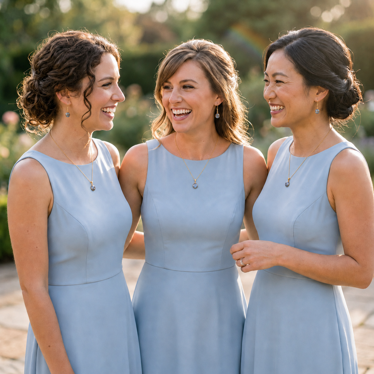 Three bridesmaids in pale blue dresses wearing coordinating labradorite necklaces and earrings.