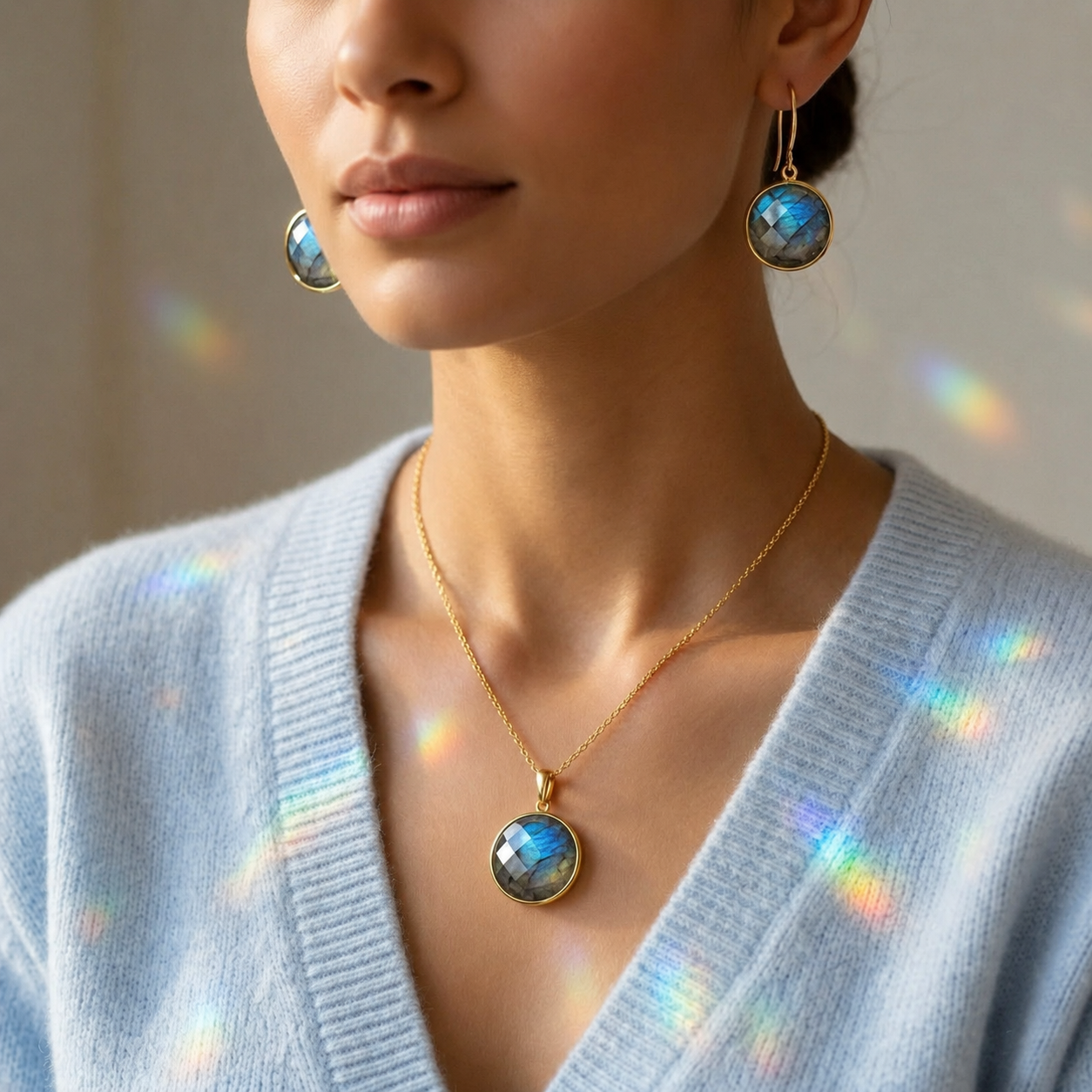 Woman wearing a round blue-flash labradorite necklace with matching earrings and a pale blue cardigan.