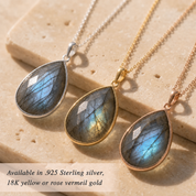 Three faceted teardrop labradorite necklaces in sterling silver, yellow gold, and rose gold finishes.