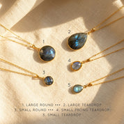 Labradorite necklace guide comparing large round, large teardrop, small round, prong teardrop, and small