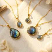 Natural Labradorite Necklace, Round or Teardrop Blue Flash Pendant