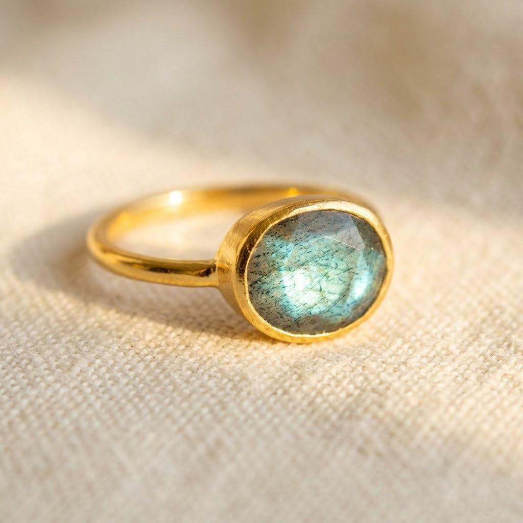 gold plated oval stacking rings with labradorite gemstone. birthstone rings, gemstone rings stack ring stackable rings bezel set bezel setting
