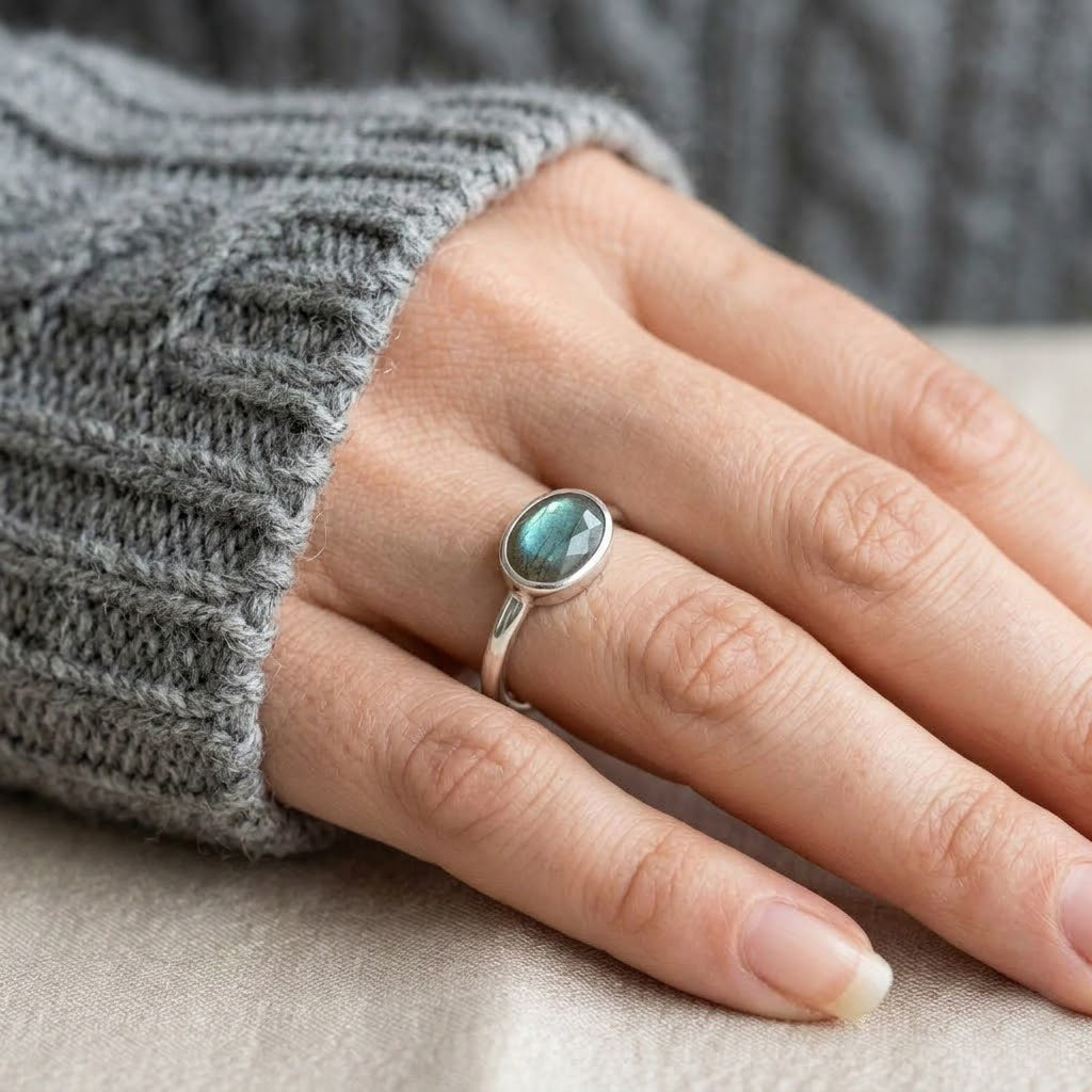 Oval labradorite ring sterling silver bezel setting iridescent gemstone ring