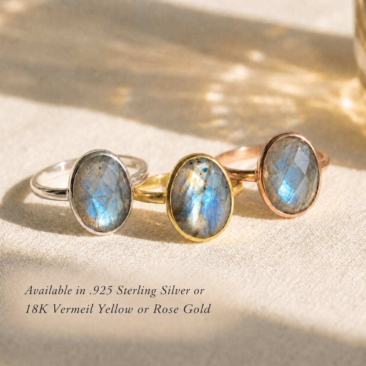 Labradorite ring available in .925 sterling silver, 18K yellow gold vermeil, and 18K rose gold vermeil.