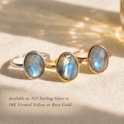 Labradorite ring available in .925 sterling silver, 18K yellow gold vermeil, and 18K rose gold vermeil.