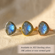 Rough cut labradorite teardrop rings available in sterling silver, yellow gold and rose gold vermeil