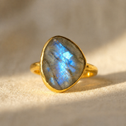 Natural rough cut labradorite teardrop ring in 18K yellow gold vermeil with vivid blue iridescent flash