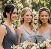 Bridesmaids wearing gemstone triangle stud earrings, a meaningful jewelry gift for bridal party or wedding day.