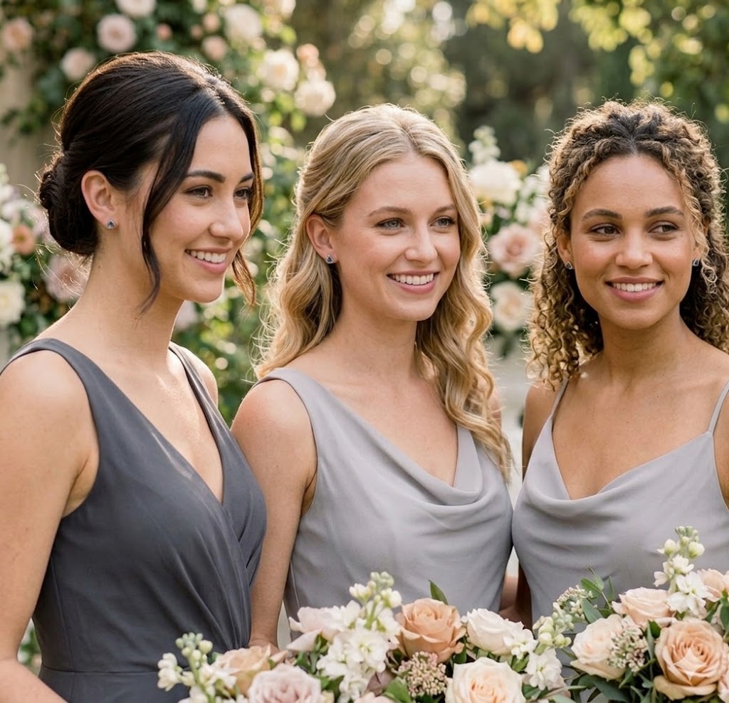 Bridesmaids wearing gemstone triangle stud earrings, a meaningful jewelry gift for bridal party or wedding day.