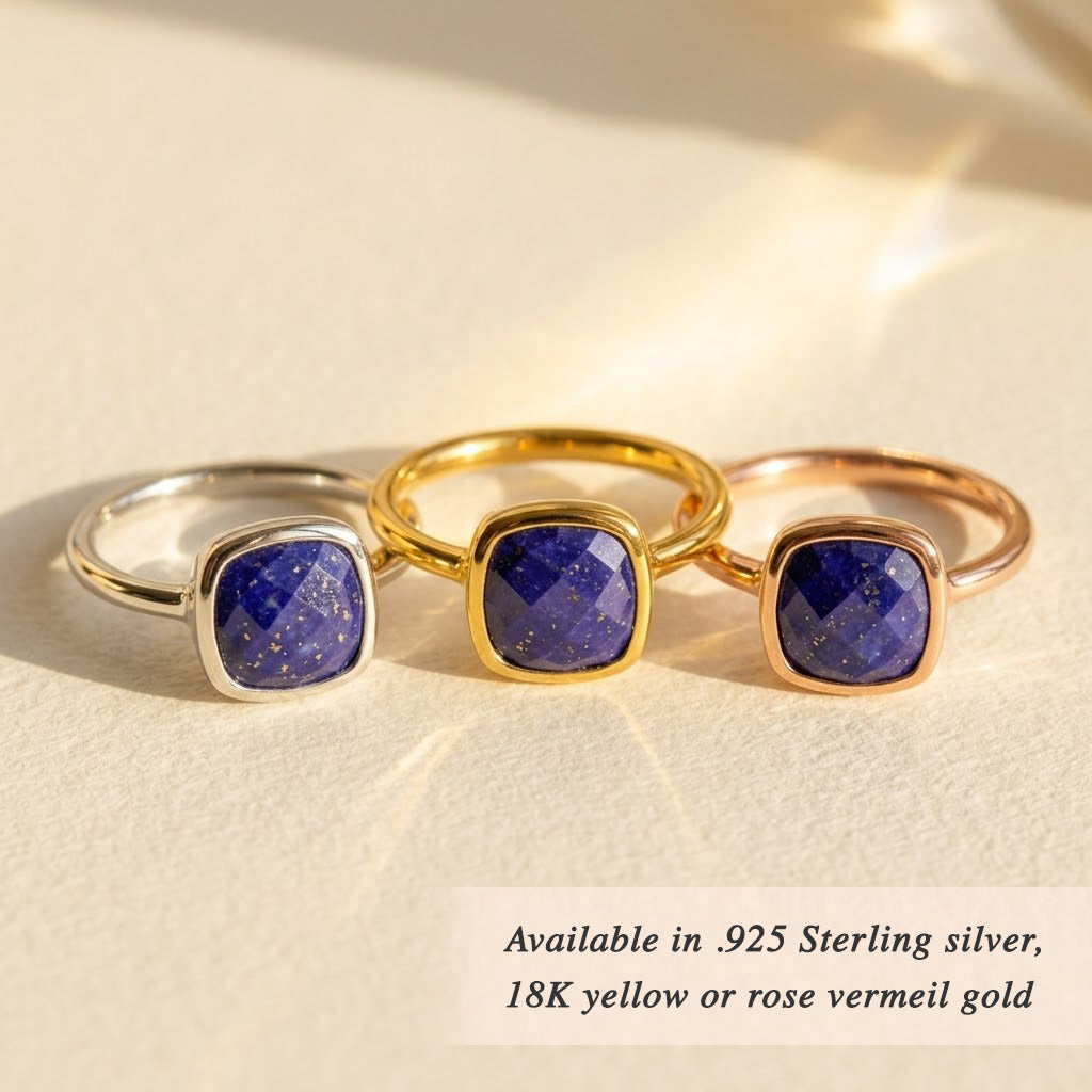 Stack of lapis lazuli rings in gold and silver bezel settings, cushion cut gemstone rings for stacking or statement look