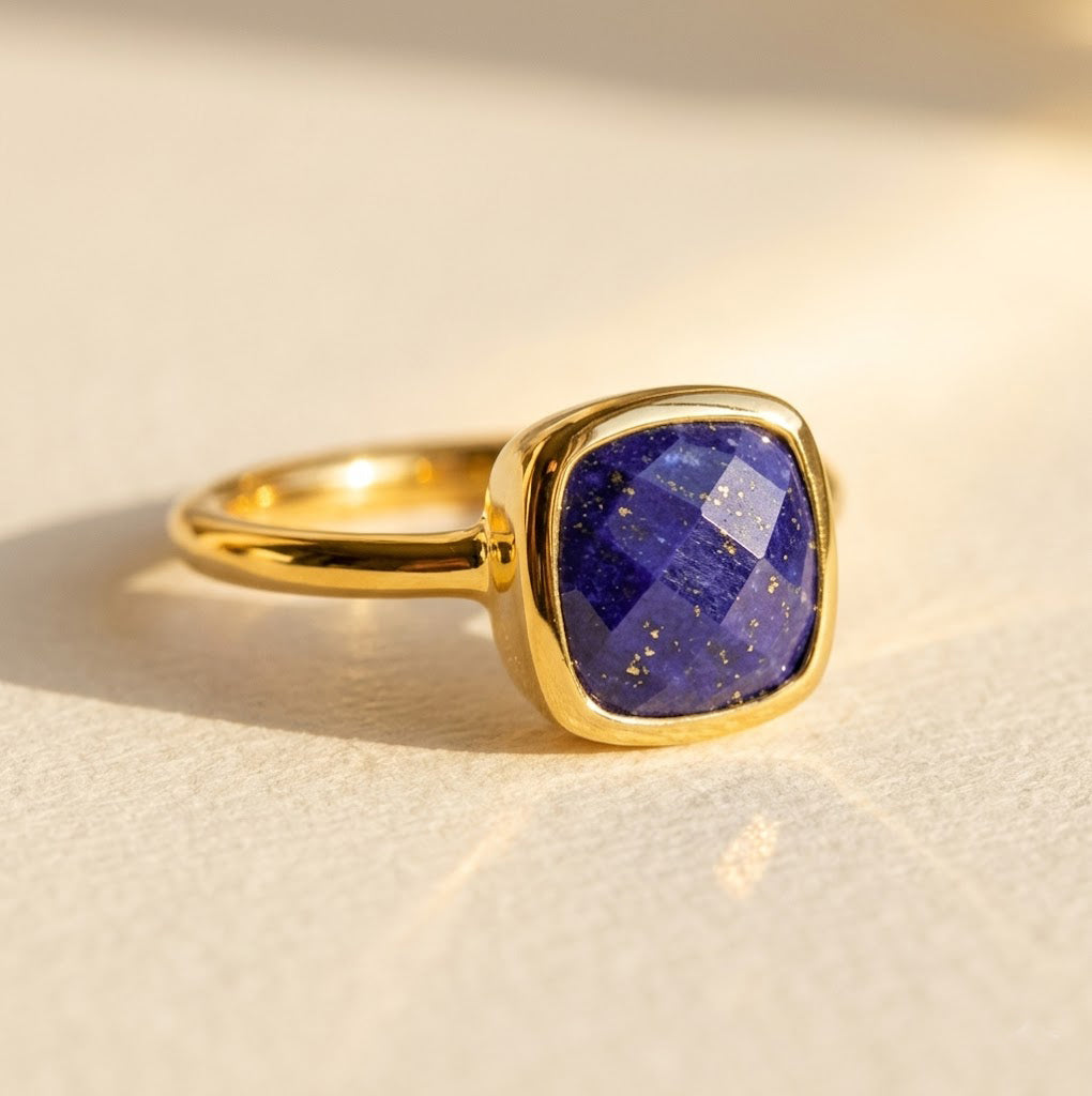 Lapis lazuli cushion ring in gold bezel setting, deep blue gemstone ring with square shape, elegant statement ring for women