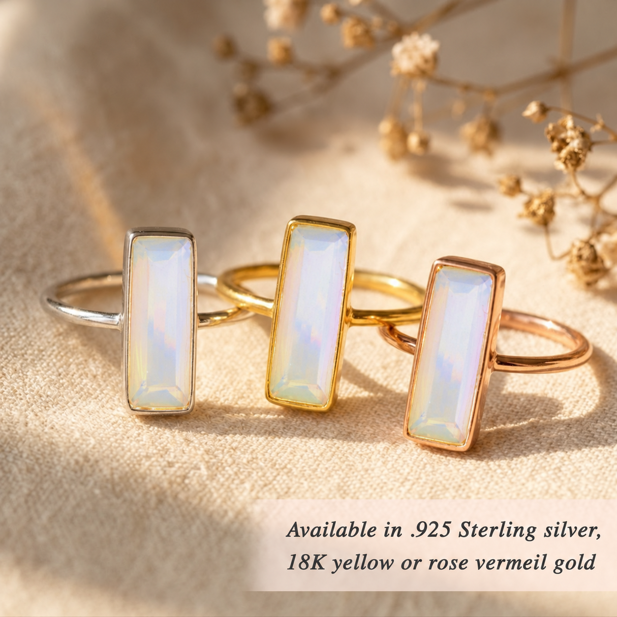Large Opalite bar rings shown in sterling silver, yellow gold and rose gold vermeil finishes.
