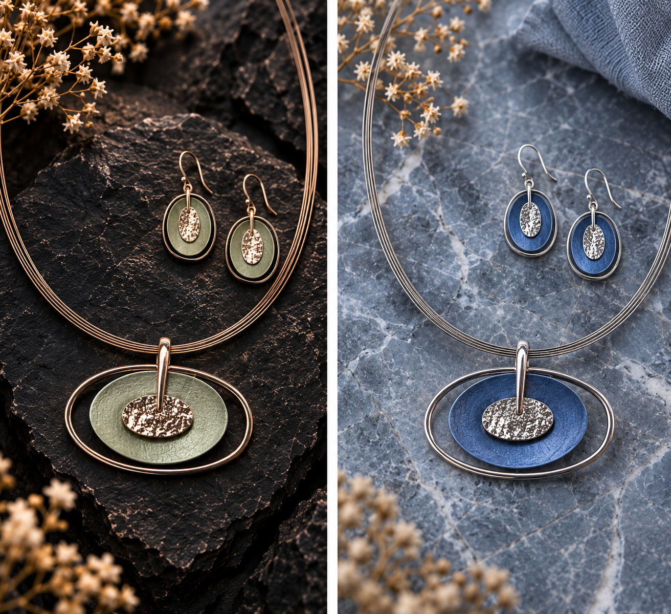 Double oval necklace and matching earrings shown in sage green and blue color combinations

